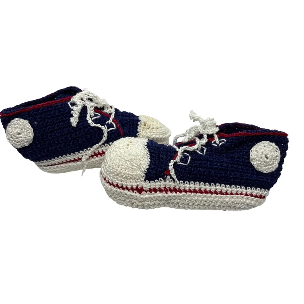 Handmade Crochet Baby Shoes High Top Sneaker Navy Blue White‎ Red Baby Shower